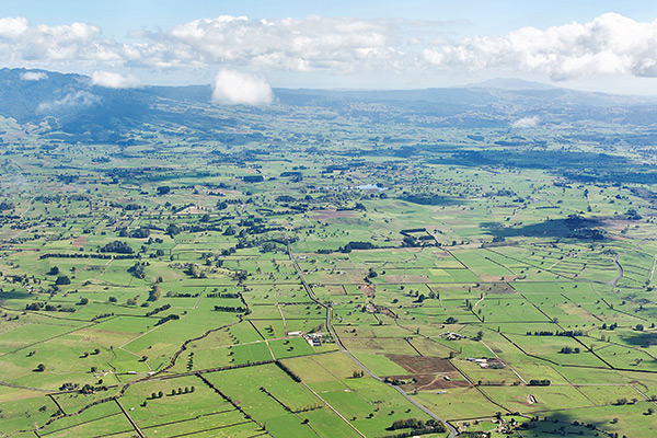 Aerial shot of New Zealand's expansive farmland